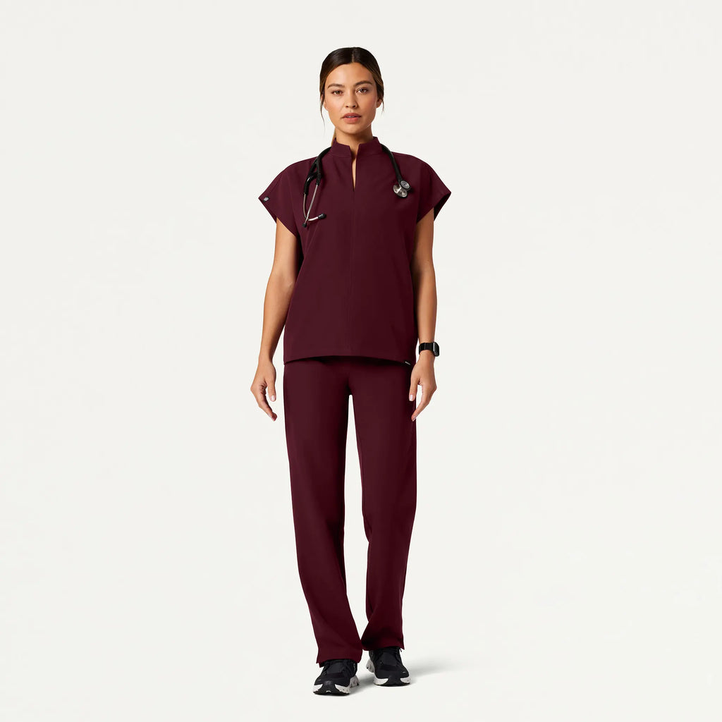 Jaanuu Scrubs Women's Aris Oversized 2-Pocket Scrub Top Burgundy | scrub-supply.com