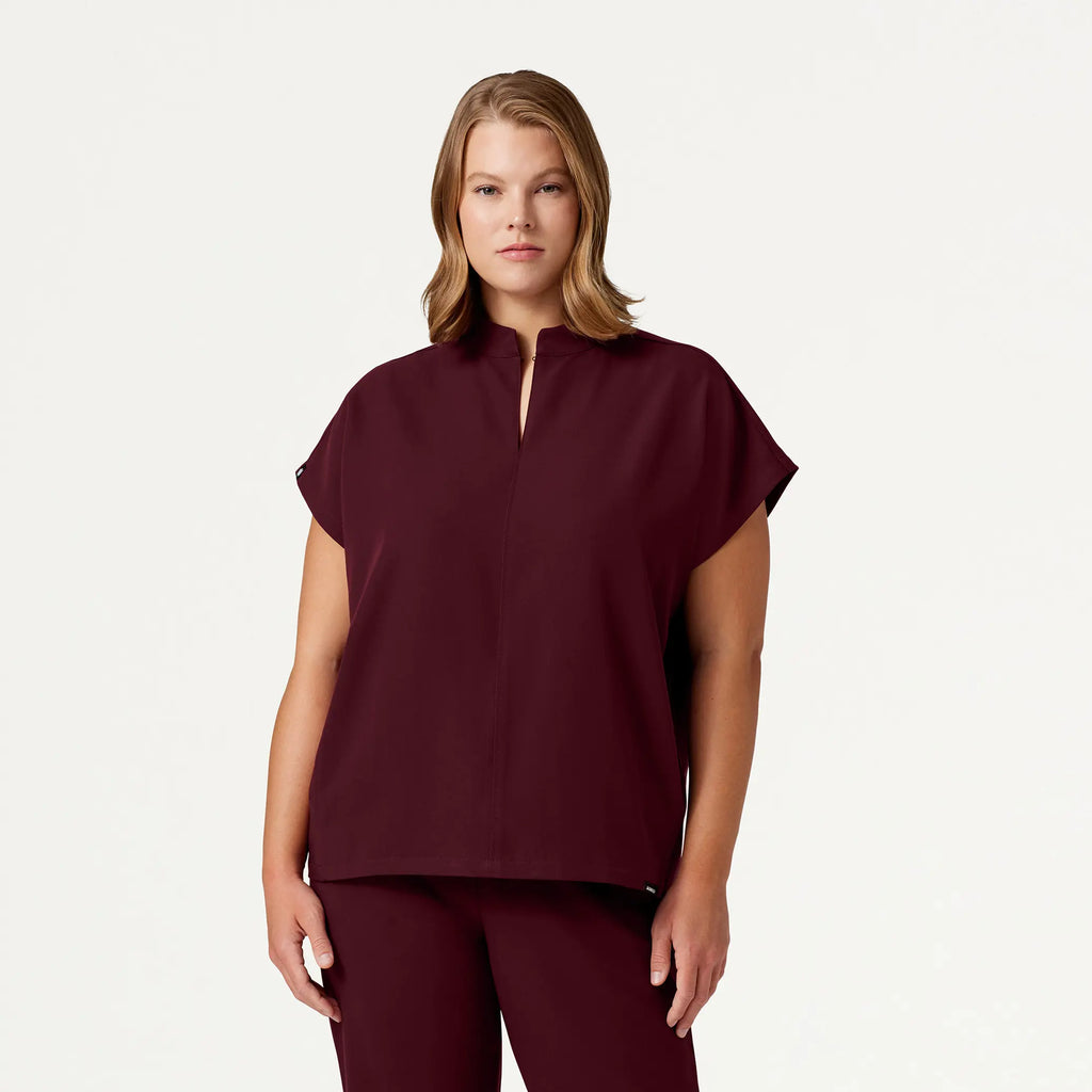 Jaanuu Scrubs Women's Aris Oversized 2-Pocket Scrub Top Burgundy | scrub-supply.com