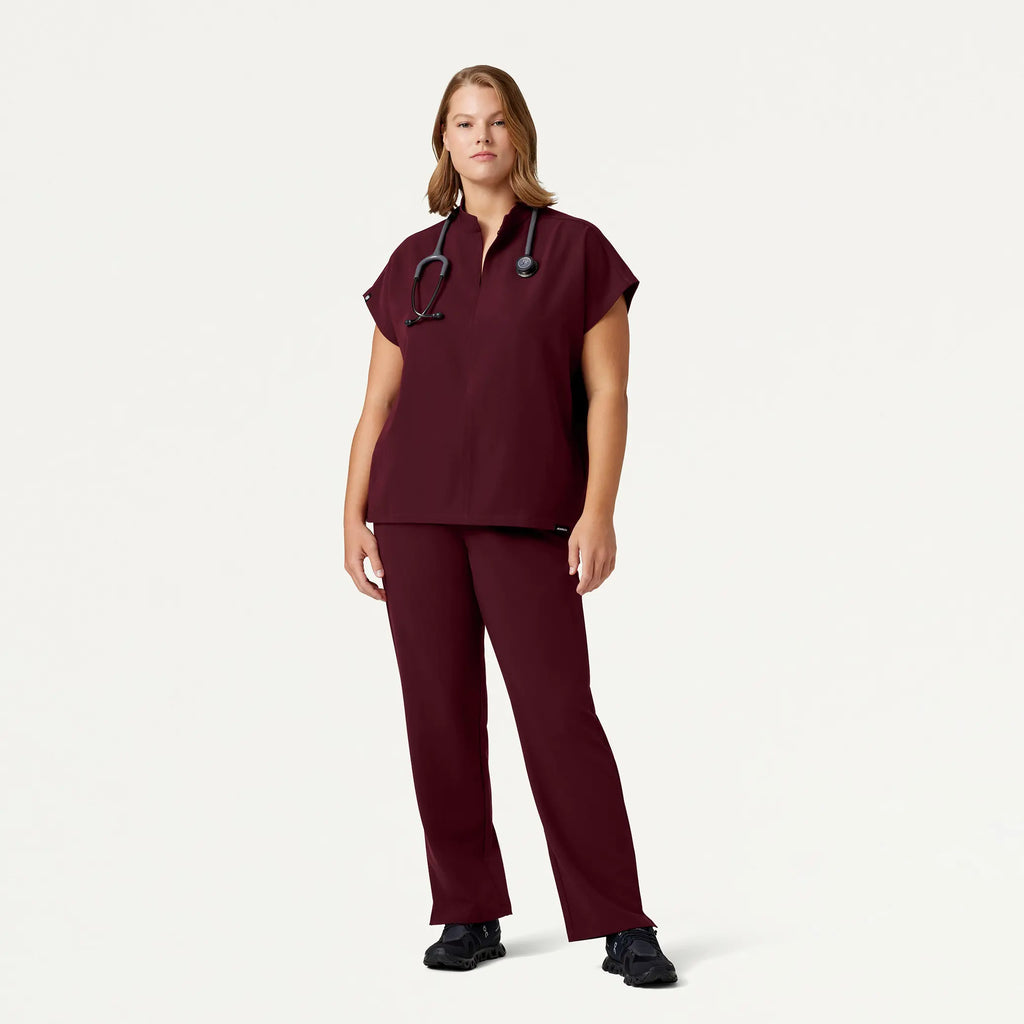 Jaanuu Scrubs Women's Aris Oversized 2-Pocket Scrub Top Burgundy | scrub-supply.com