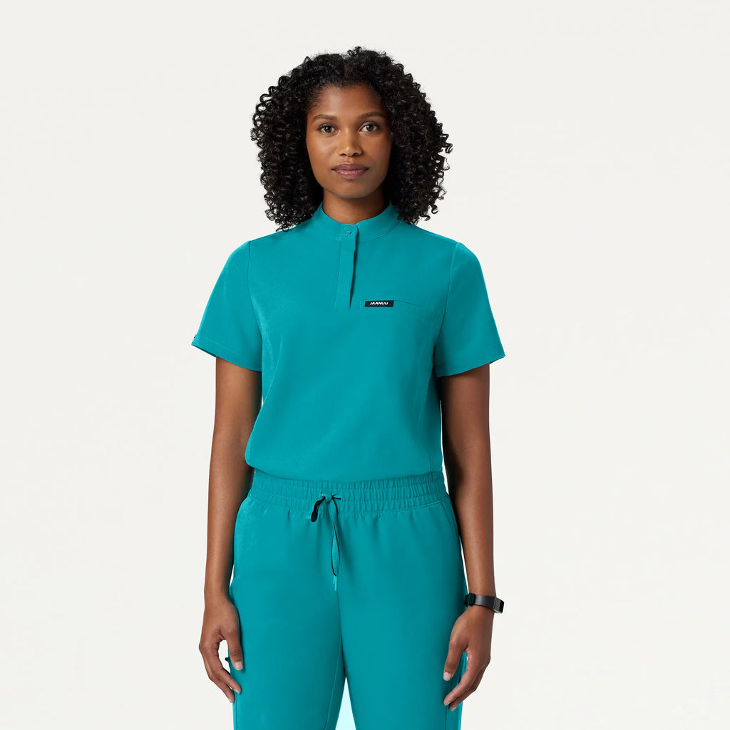 Jaanuu Scrubs Women's Savi Tuck-In Stand-Collar Scrub Top Aqua | scrub-supply.com