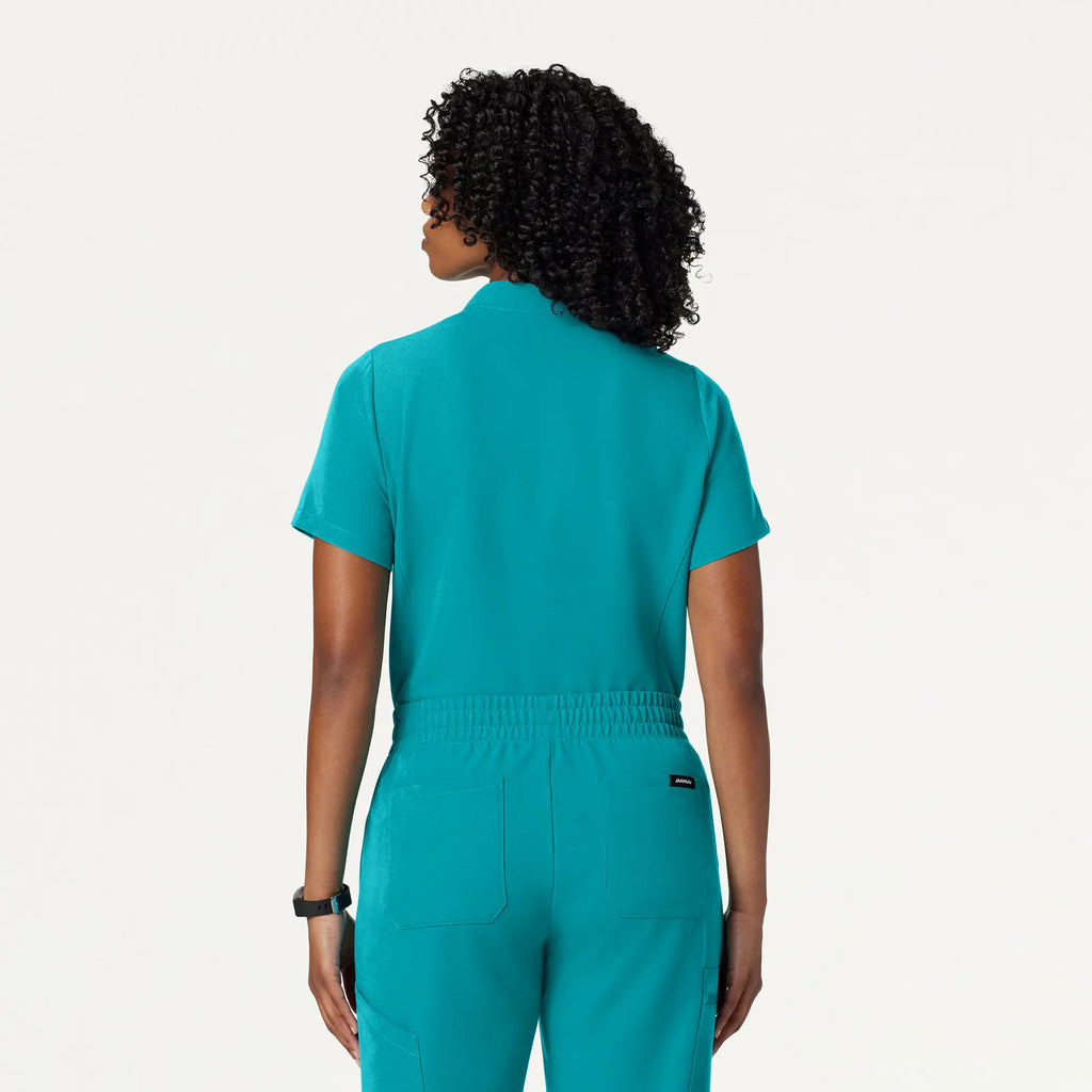 Jaanuu Scrubs Women's Savi Tuck-In Stand-Collar Scrub Top Aqua | scrub-supply.com