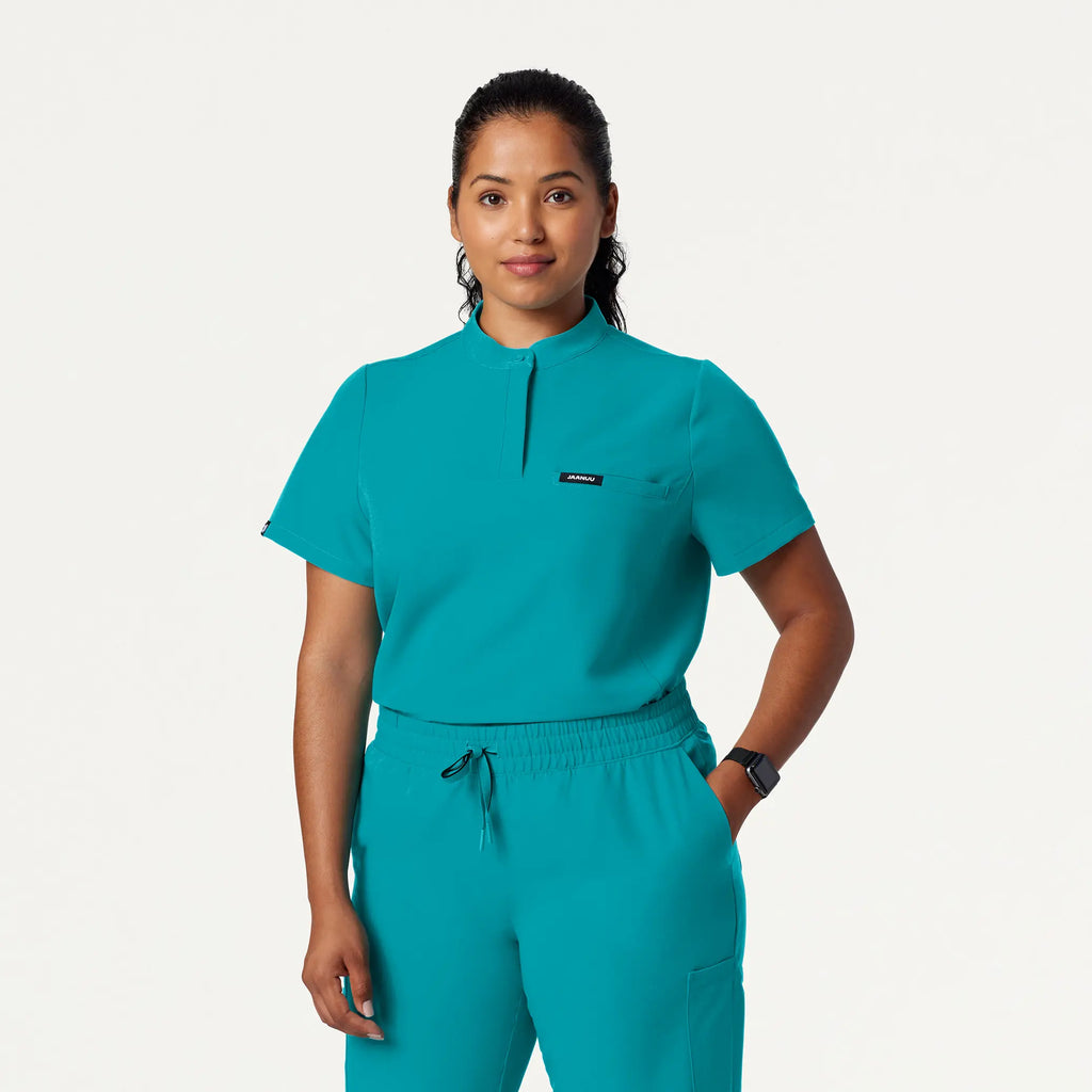 Jaanuu Scrubs Women's Savi Tuck-In Stand-Collar Scrub Top Aqua | scrub-supply.com