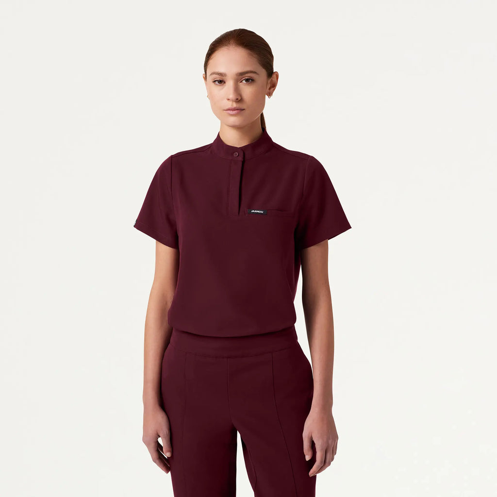 Jaanuu Scrubs Women's Savi Tuck-In Stand-Collar Scrub Top Burgundy | scrub-supply.com