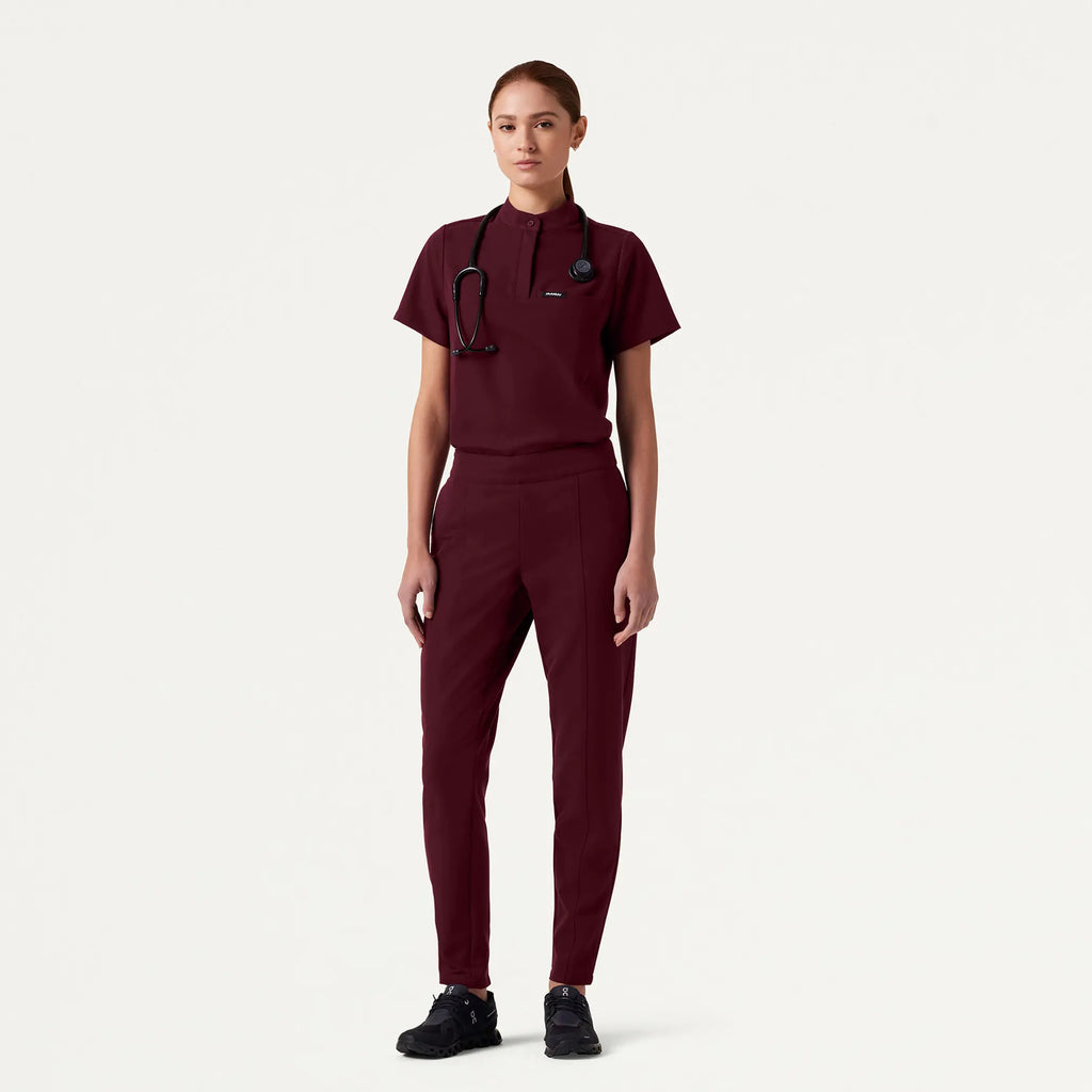 Jaanuu Scrubs Women's Savi Tuck-In Stand-Collar Scrub Top Burgundy | scrub-supply.com