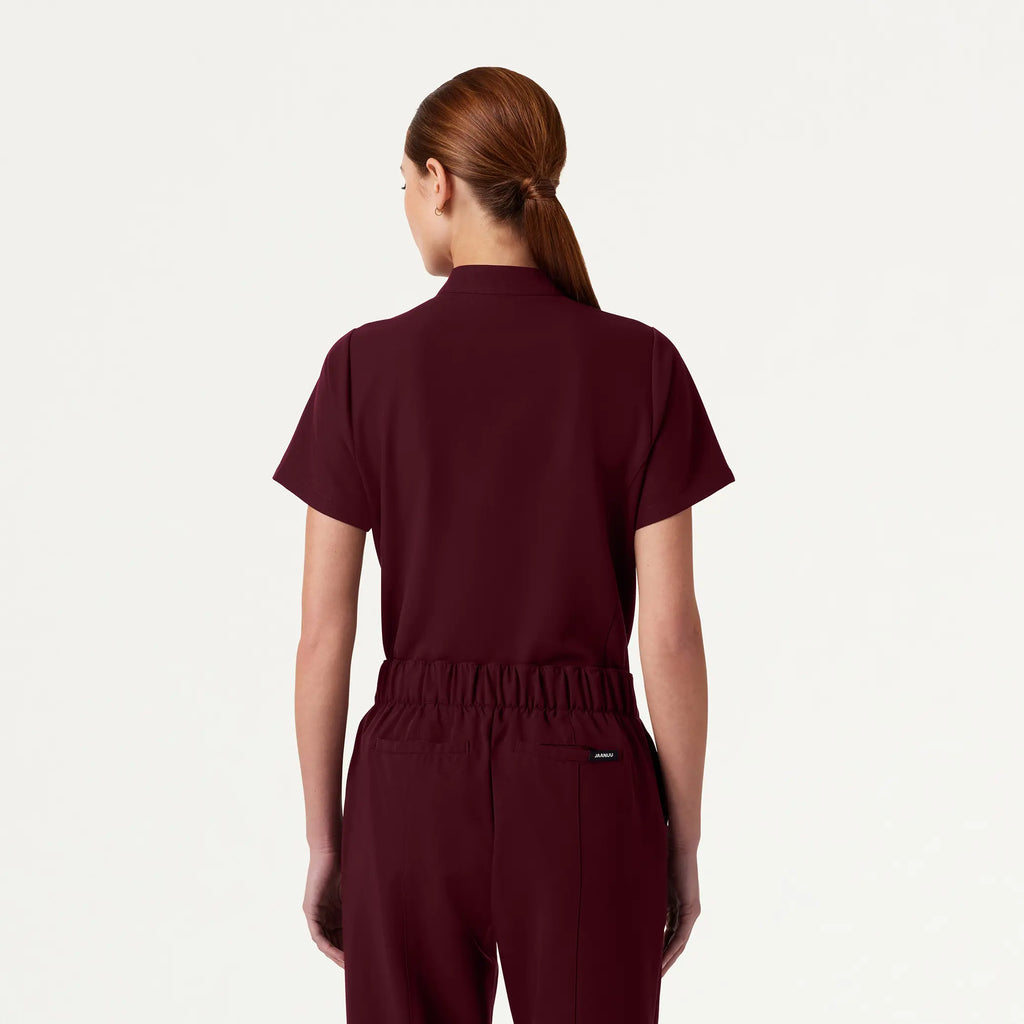 Jaanuu Scrubs Women's Savi Tuck-In Stand-Collar Scrub Top Burgundy | scrub-supply.com