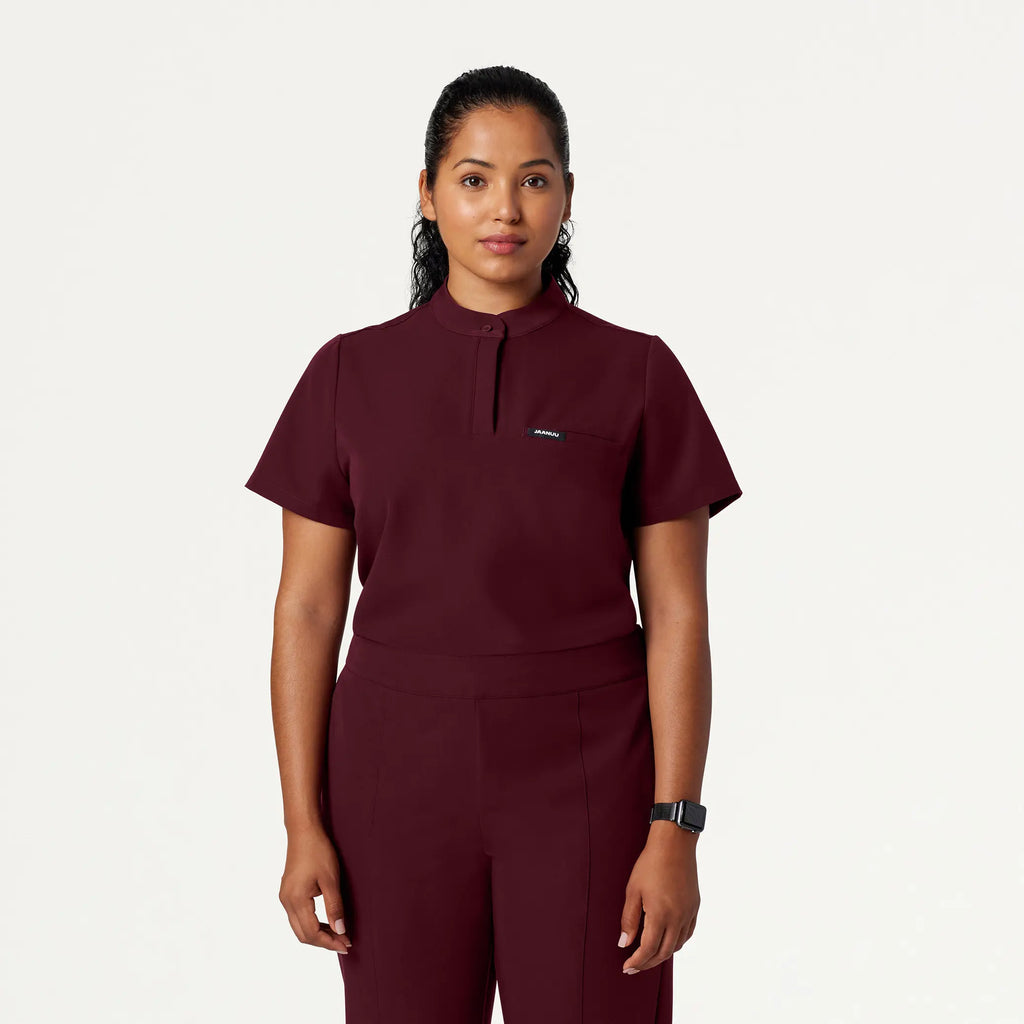 Jaanuu Scrubs Women's Savi Tuck-In Stand-Collar Scrub Top Burgundy | scrub-supply.com