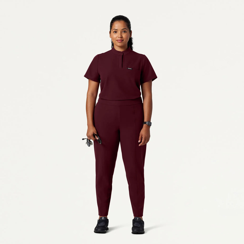 Jaanuu Scrubs Women's Savi Tuck-In Stand-Collar Scrub Top Burgundy | scrub-supply.com