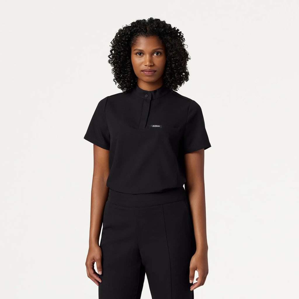 Jaanuu Scrubs Women's Savi Tuck-In Stand-Collar Scrub Top Black | scrub-supply.com