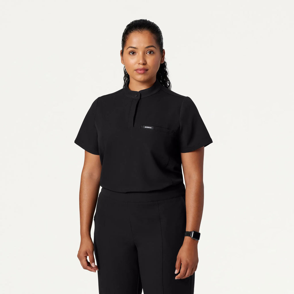 Jaanuu Scrubs Women's Savi Tuck-In Stand-Collar Scrub Top Black | scrub-supply.com