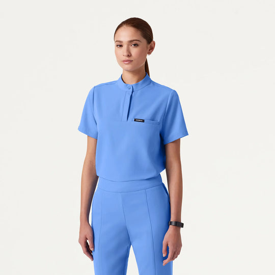 Jaanuu Scrubs Women's Savi Tuck-In Stand-Collar Scrub Top Ceil Blue | scrub-supply.com