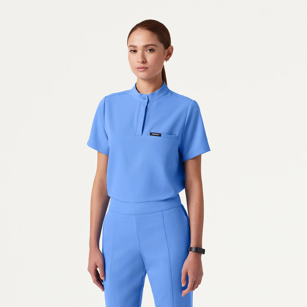 Jaanuu Scrubs Women's Savi Tuck-In Stand-Collar Scrub Top Ceil Blue | scrub-supply.com