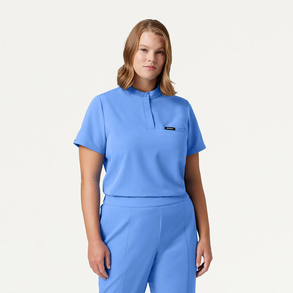 Jaanuu Scrubs Women's Savi Tuck-In Stand-Collar Scrub Top Ceil Blue | scrub-supply.com