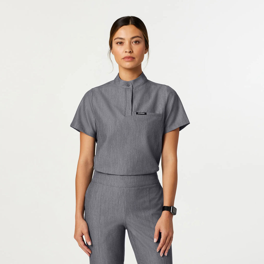 Jaanuu Scrubs Women's Savi Tuck-In Stand-Collar Scrub Top Heather Gray | scrub-supply.com