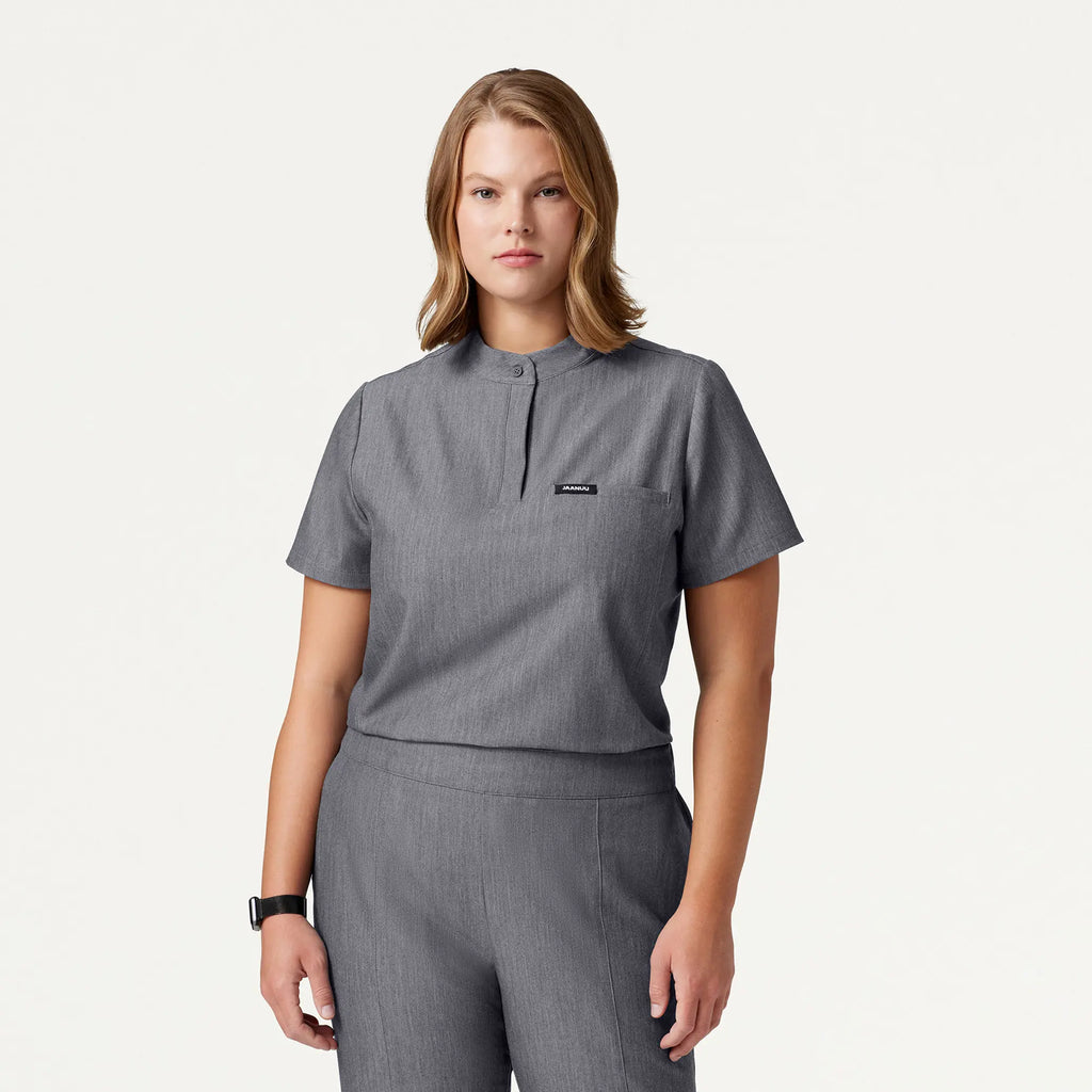 Jaanuu Scrubs Women's Savi Tuck-In Stand-Collar Scrub Top Heather Gray | scrub-supply.com