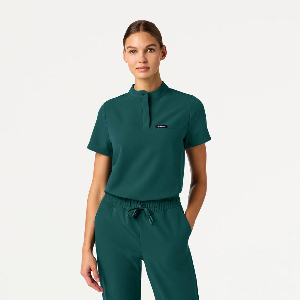 Jaanuu Scrubs Women's Savi Tuck-In Stand-Collar Scrub Top Midnight Green | scrub-supply.com