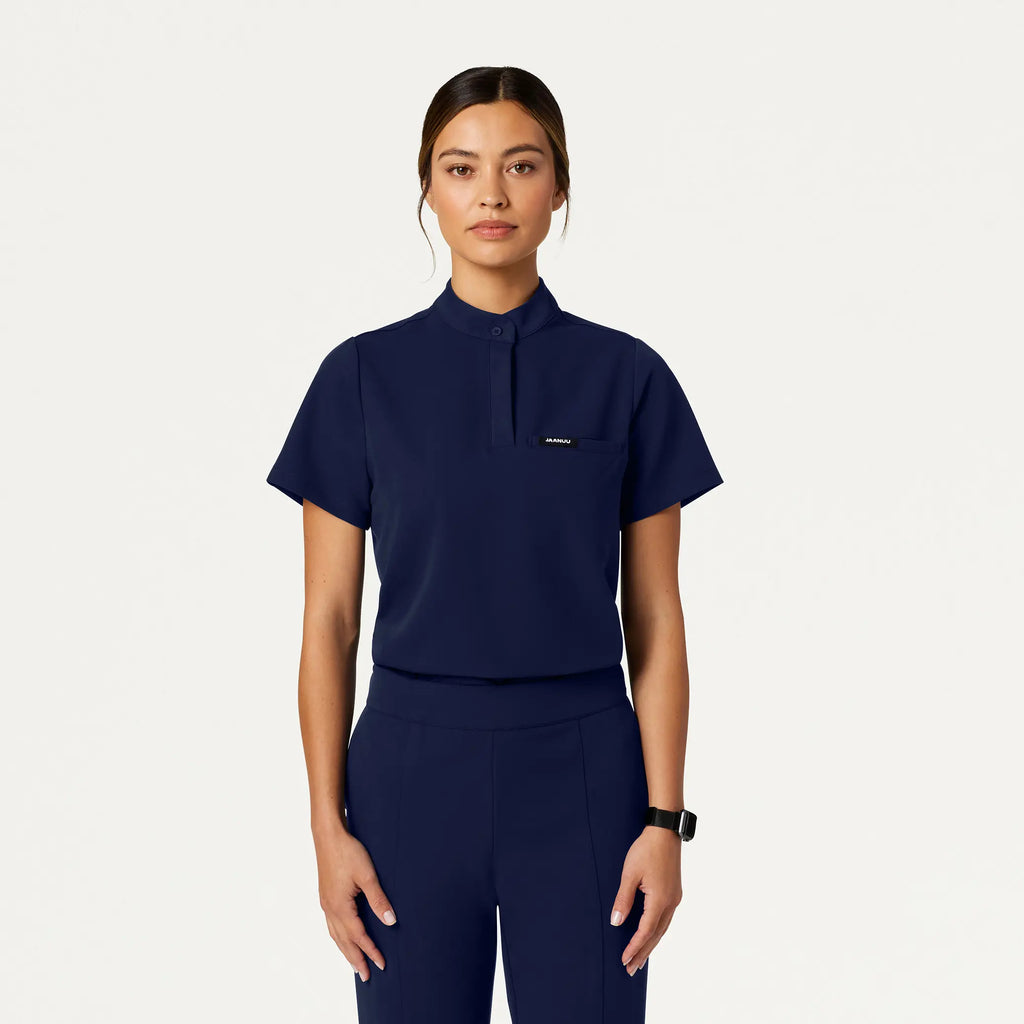 Jaanuu Scrubs Women's Savi Tuck-In Stand-Collar Scrub Top Midnight Navy | scrub-supply.com