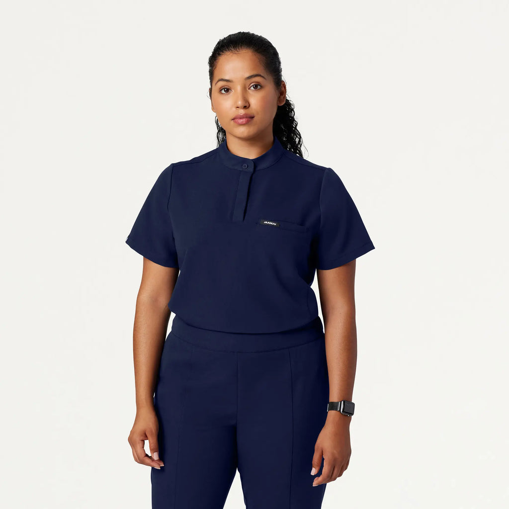 Jaanuu Scrubs Women's Savi Tuck-In Stand-Collar Scrub Top Midnight Navy | scrub-supply.com