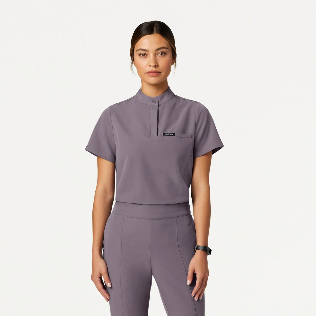 Jaanuu Scrubs Women's Savi Tuck-In Stand-Collar Scrub Top Titanium | scrub-supply.com