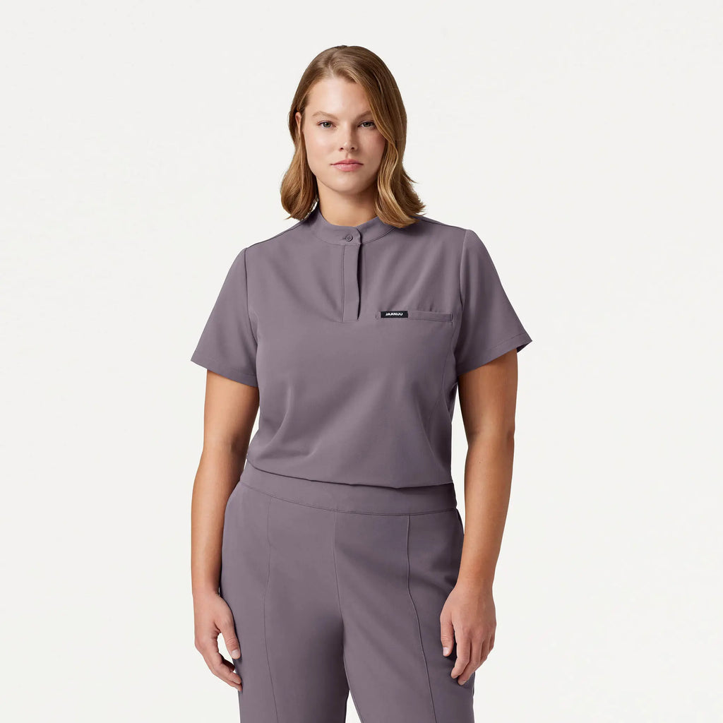 Jaanuu Scrubs Women's Savi Tuck-In Stand-Collar Scrub Top Titanium | scrub-supply.com