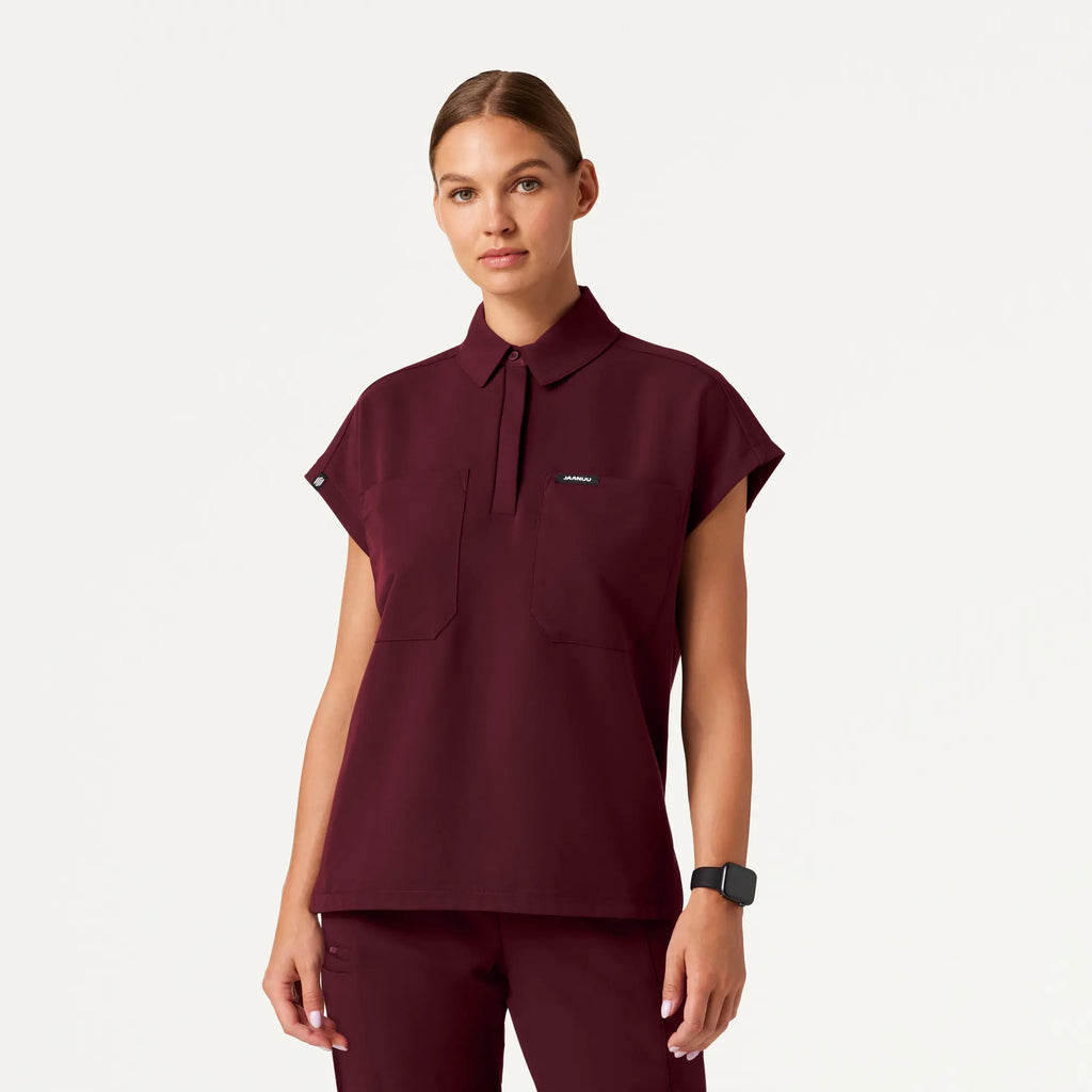 Jaanuu Scrubs Women's Acta Oversized 2-Pocket Scrub Top Burgundy | scrub-supply.com