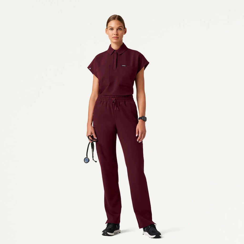 Jaanuu Scrubs Women's Acta Oversized 2-Pocket Scrub Top Burgundy | scrub-supply.com