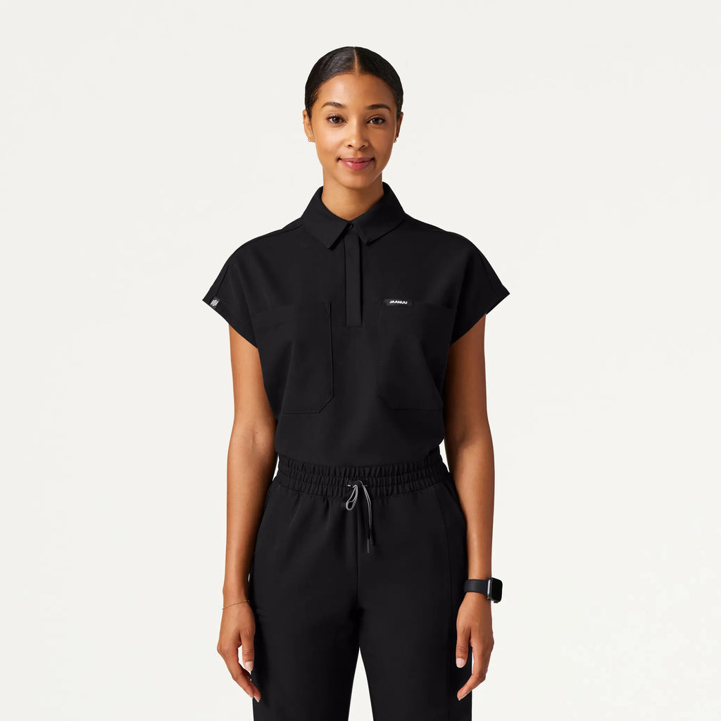 Jaanuu Scrubs Women's Acta Oversized 2-Pocket Scrub Top Black | scrub-supply.com