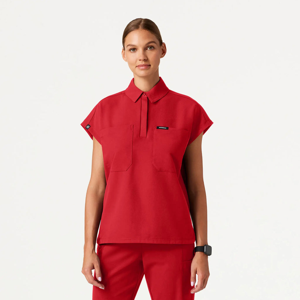 Jaanuu Scrubs Women's Acta Oversized 2-Pocket Scrub Top Brilliant Red | scrub-supply.com