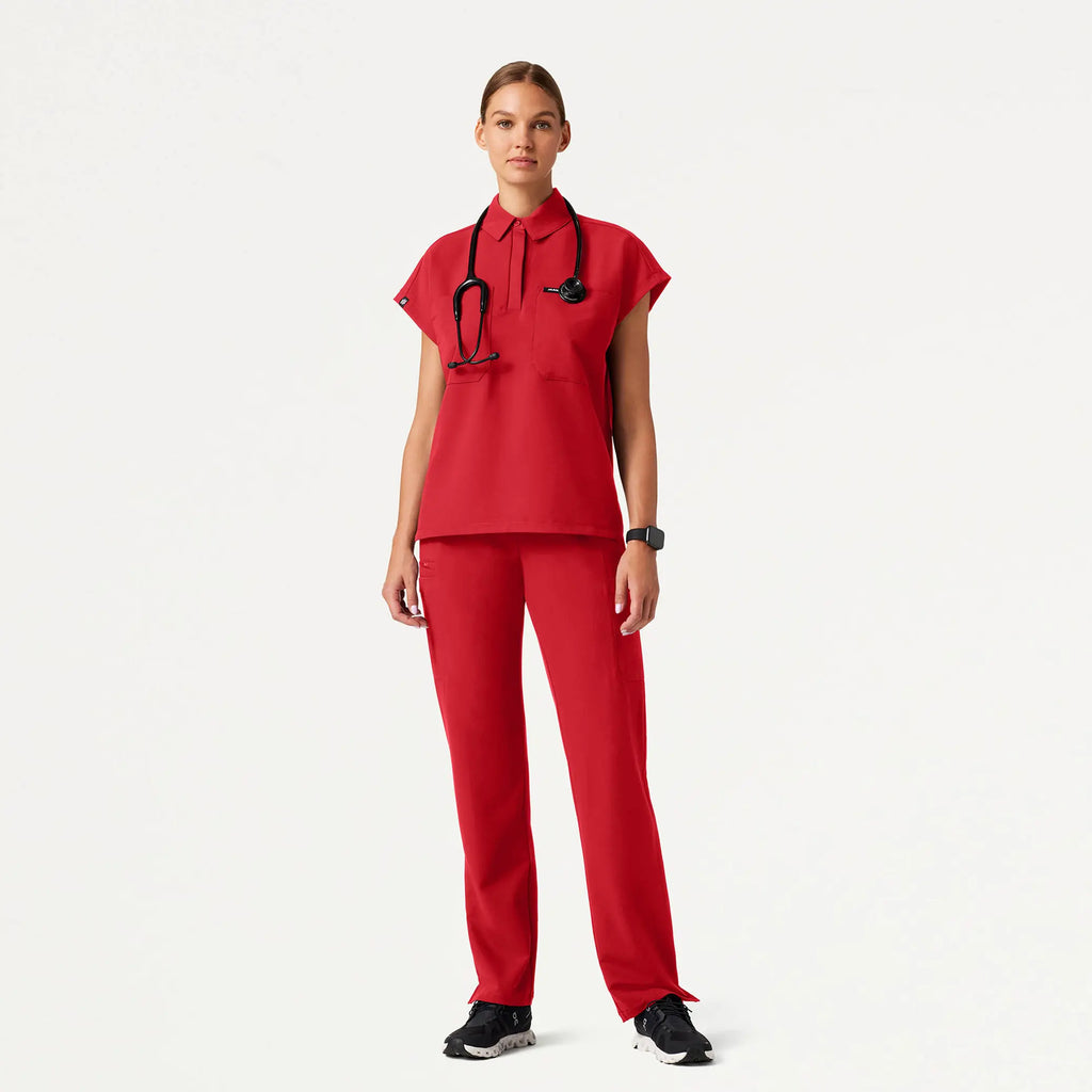 Jaanuu Scrubs Women's Acta Oversized 2-Pocket Scrub Top Brilliant Red | scrub-supply.com