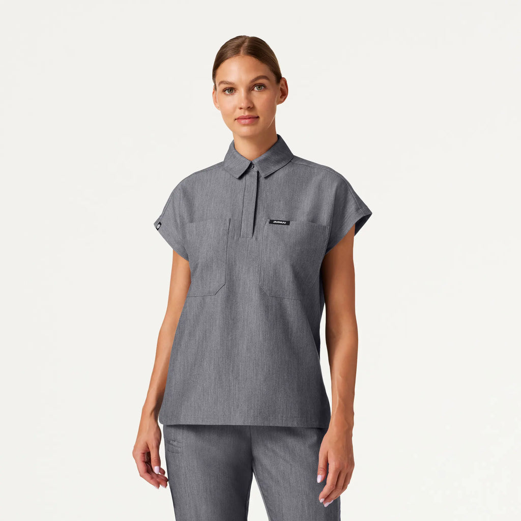 Jaanuu Scrubs Women's Acta Oversized 2-Pocket Scrub Top Heather Gray | scrub-supply.com