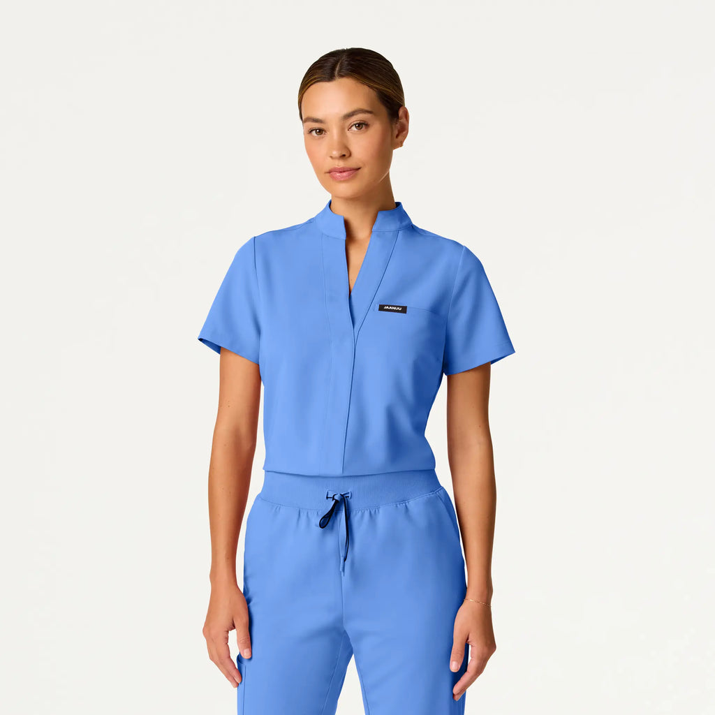 Jaanuu Scrubs Women's Serin Slim 1-Pocket Scrub Top Ceil Blue | scrub-supply.com