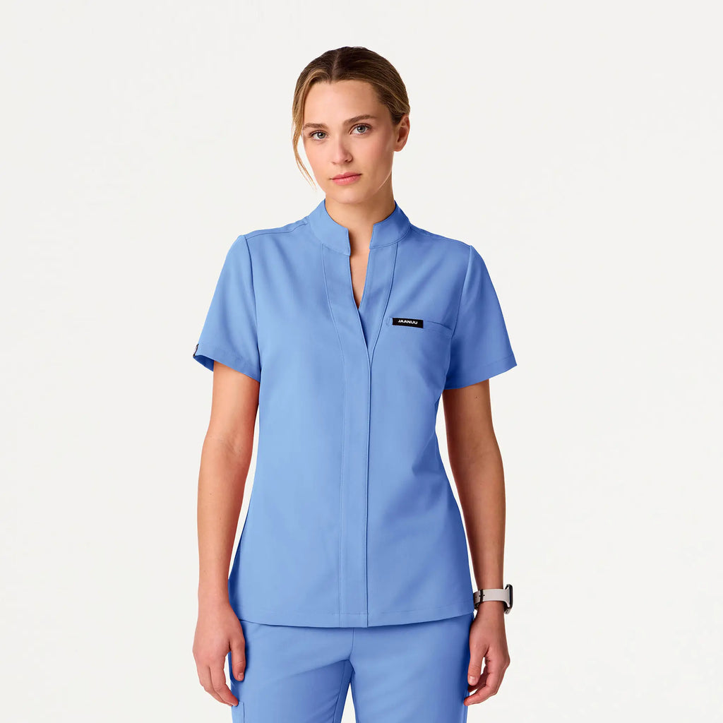 Jaanuu Scrubs Women's Serin Slim 1-Pocket Scrub Top Ceil Blue | scrub-supply.com