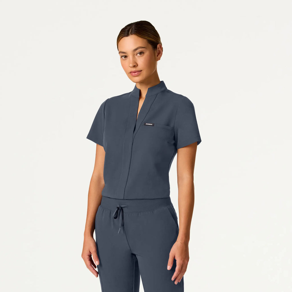 Jaanuu Scrubs Women's Serin Slim 1-Pocket Scrub Top Carbon Gray | scrub-supply.com