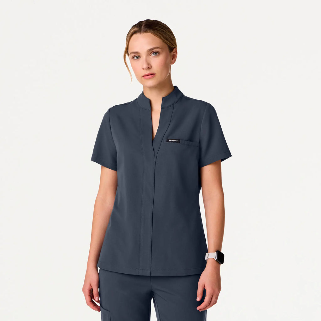 Jaanuu Scrubs Women's Serin Slim 1-Pocket Scrub Top Carbon Gray | scrub-supply.com