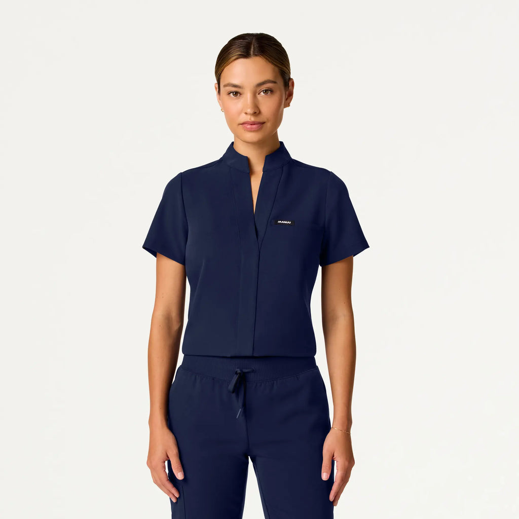 Jaanuu Scrubs Women's Serin Slim 1-Pocket Scrub Top Midnight Navy | scrub-supply.com