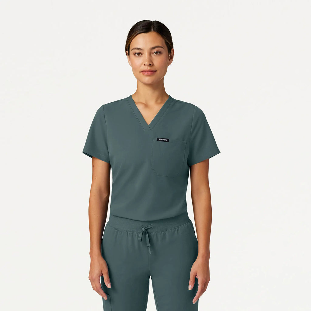 Jaanuu Scrubs Women's Rhena Slim Essential 1-Pocket Scrub Top Alpine Green | scrub-supply.com