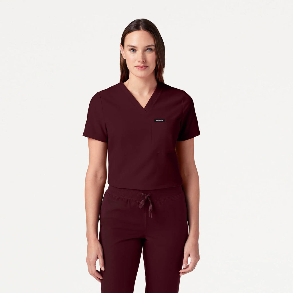 Jaanuu Scrubs Women's Rhena Slim Essential 1-Pocket Scrub Top Burgundy | scrub-supply.com