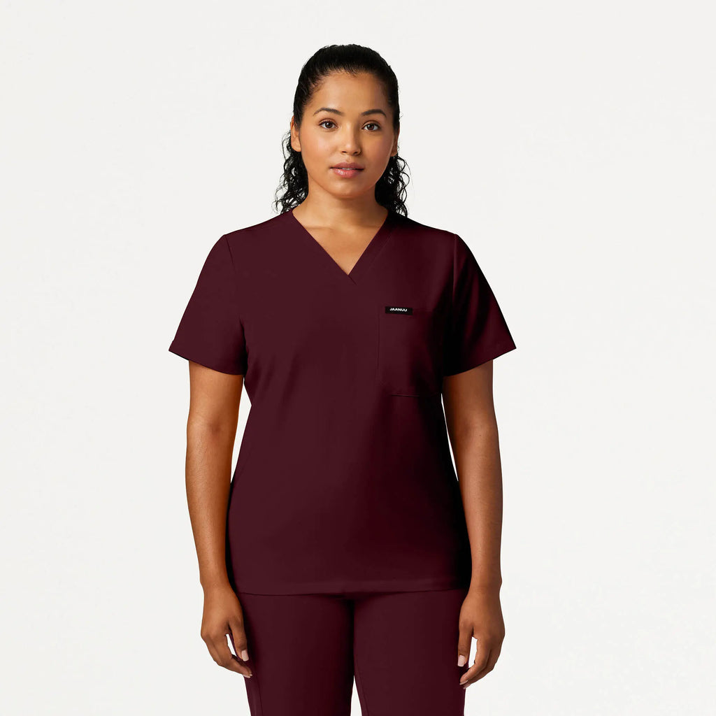 Jaanuu Scrubs Women's Rhena Slim Essential 1-Pocket Scrub Top Burgundy | scrub-supply.com