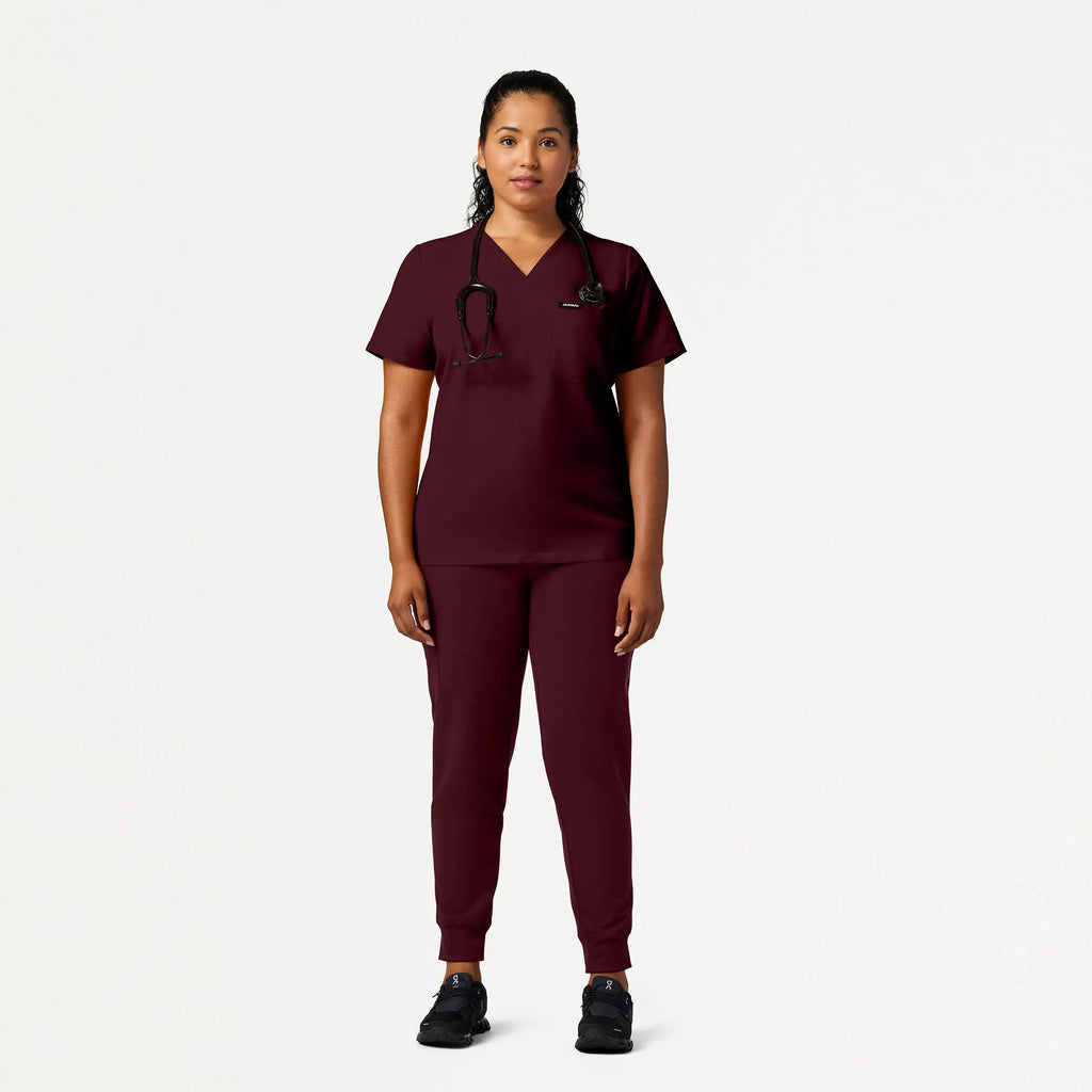 Jaanuu Scrubs Women's Rhena Slim Essential 1-Pocket Scrub Top Burgundy | scrub-supply.com