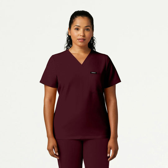 Jaanuu Scrubs Women's Rhena Slim 1-Pocket Scrub Top Burgundy | scrub-supply.com