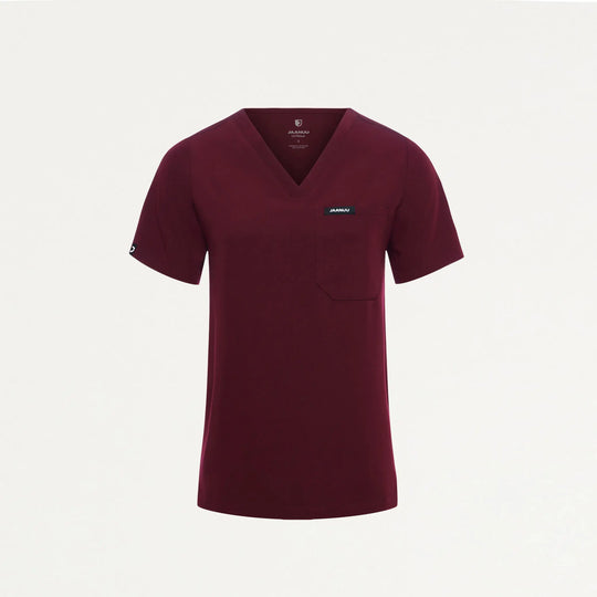 Jaanuu Scrubs Women's Rhena Slim 1-Pocket Scrub Top Burgundy | scrub-supply.com