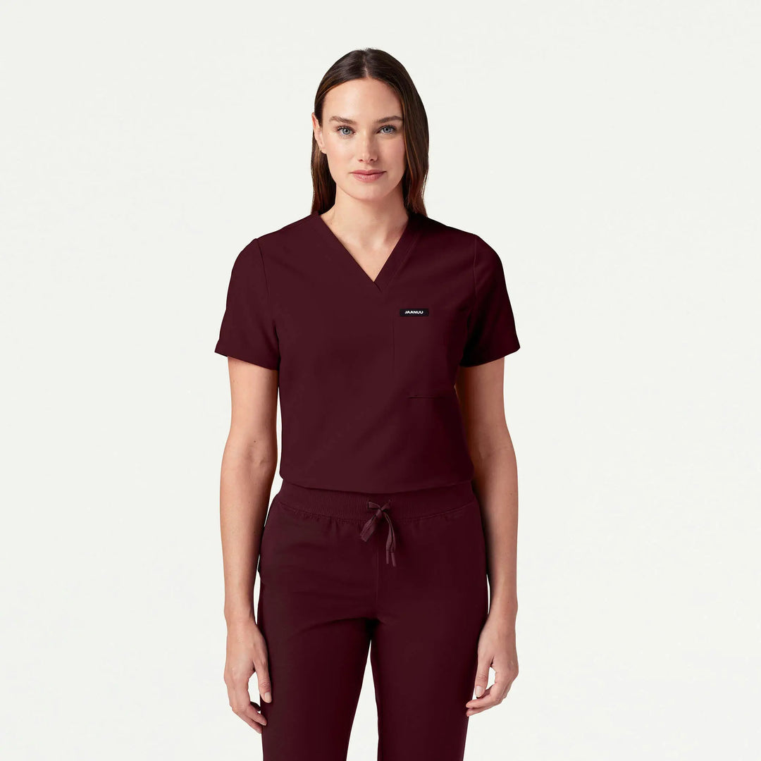Jaanuu Scrubs Women's Rhena Slim 1-Pocket Scrub Top Burgundy | scrub-supply.com
