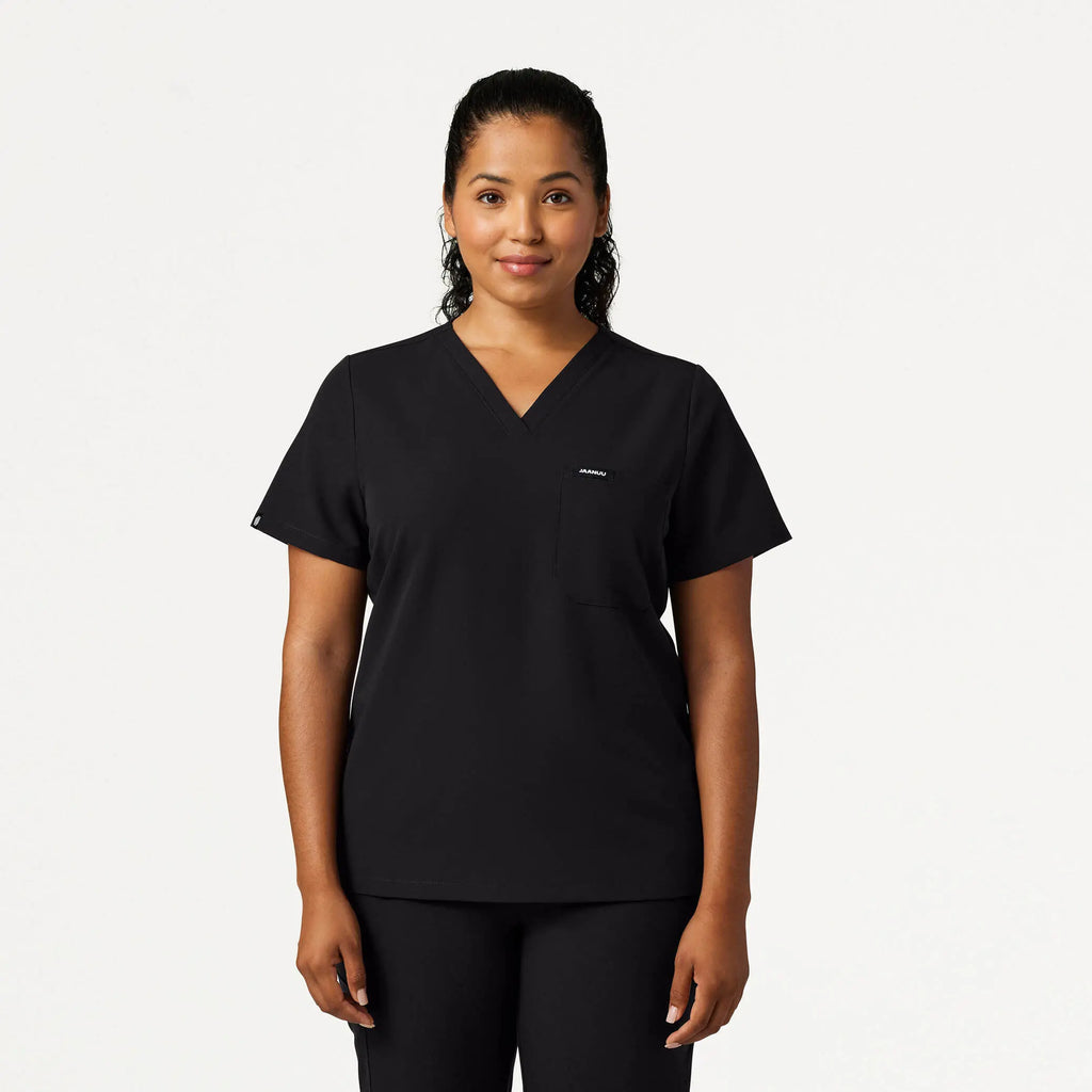 Jaanuu Scrubs Women's Rhena Slim Essential 1-Pocket Scrub Top Black | scrub-supply.com