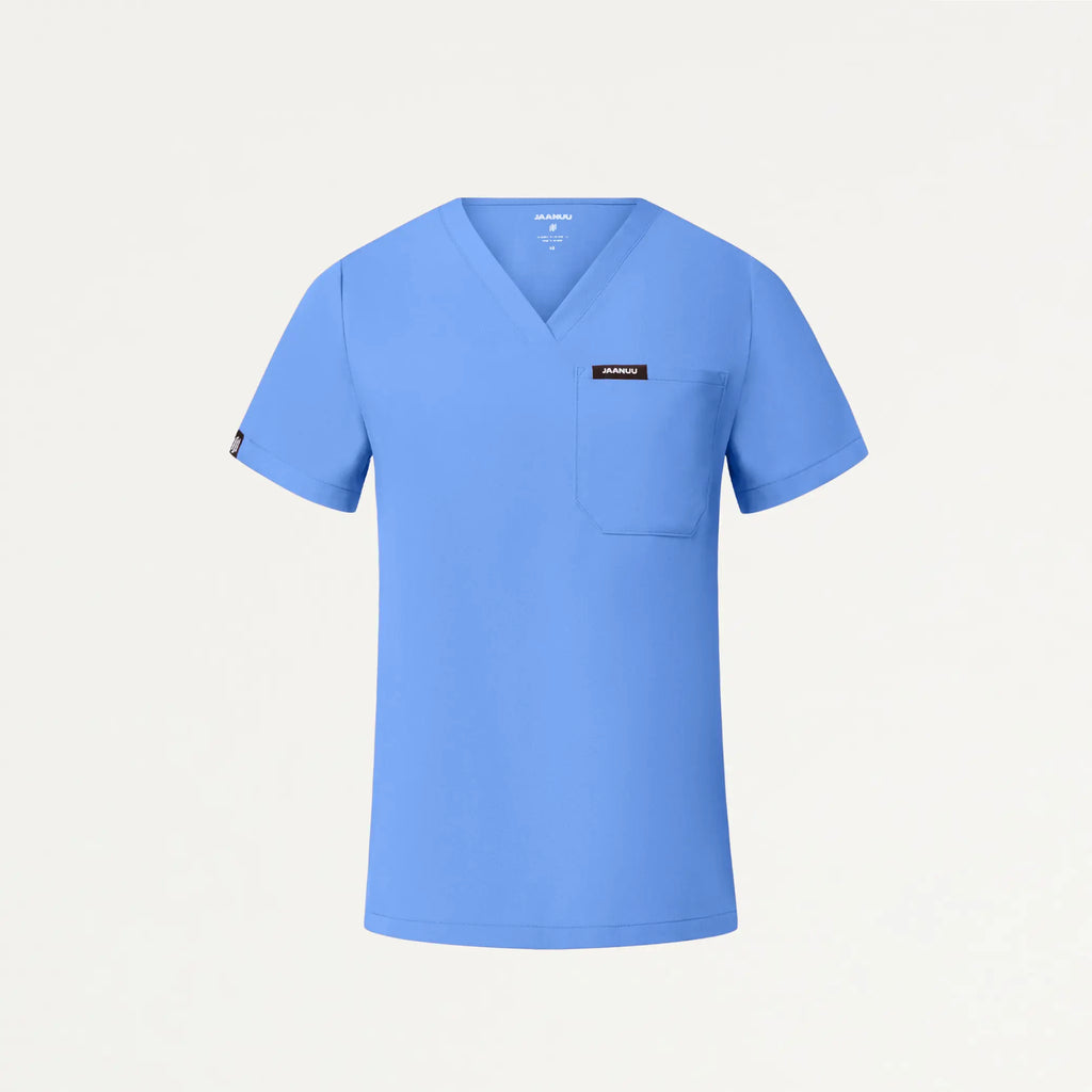 Jaanuu Scrubs Women's Rhena Slim Essential 1-Pocket Scrub Top Ceil Blue | scrub-supply.com