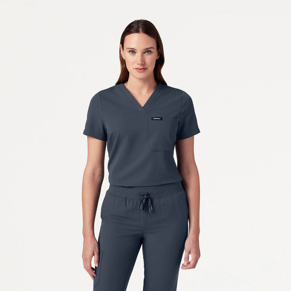 Jaanuu Scrubs Women's Rhena Slim Essential 1-Pocket Scrub Top Carbon Gray | scrub-supply.com