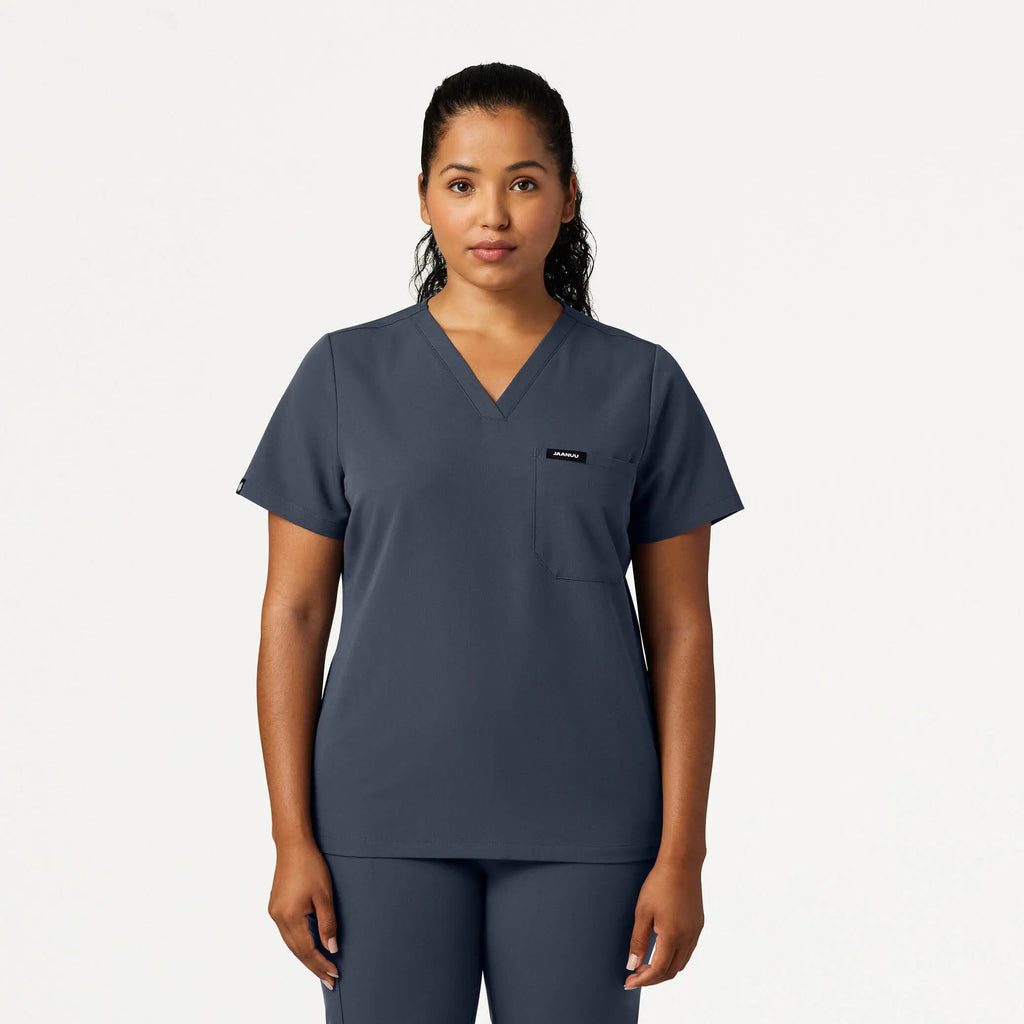 Jaanuu Scrubs Women's Rhena Slim Essential 1-Pocket Scrub Top Carbon Gray | scrub-supply.com