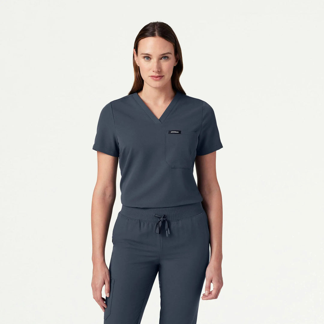 Jaanuu Scrubs Women's Rhena Slim 1-Pocket Scrub Top Carbon Gray | scrub-supply.com