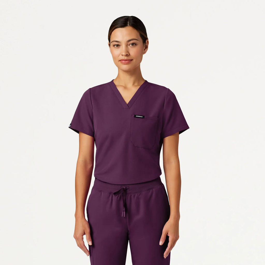 Jaanuu Scrubs Women's Rhena Slim Essential 1-Pocket Scrub Top Dark Amethyst | scrub-supply.com