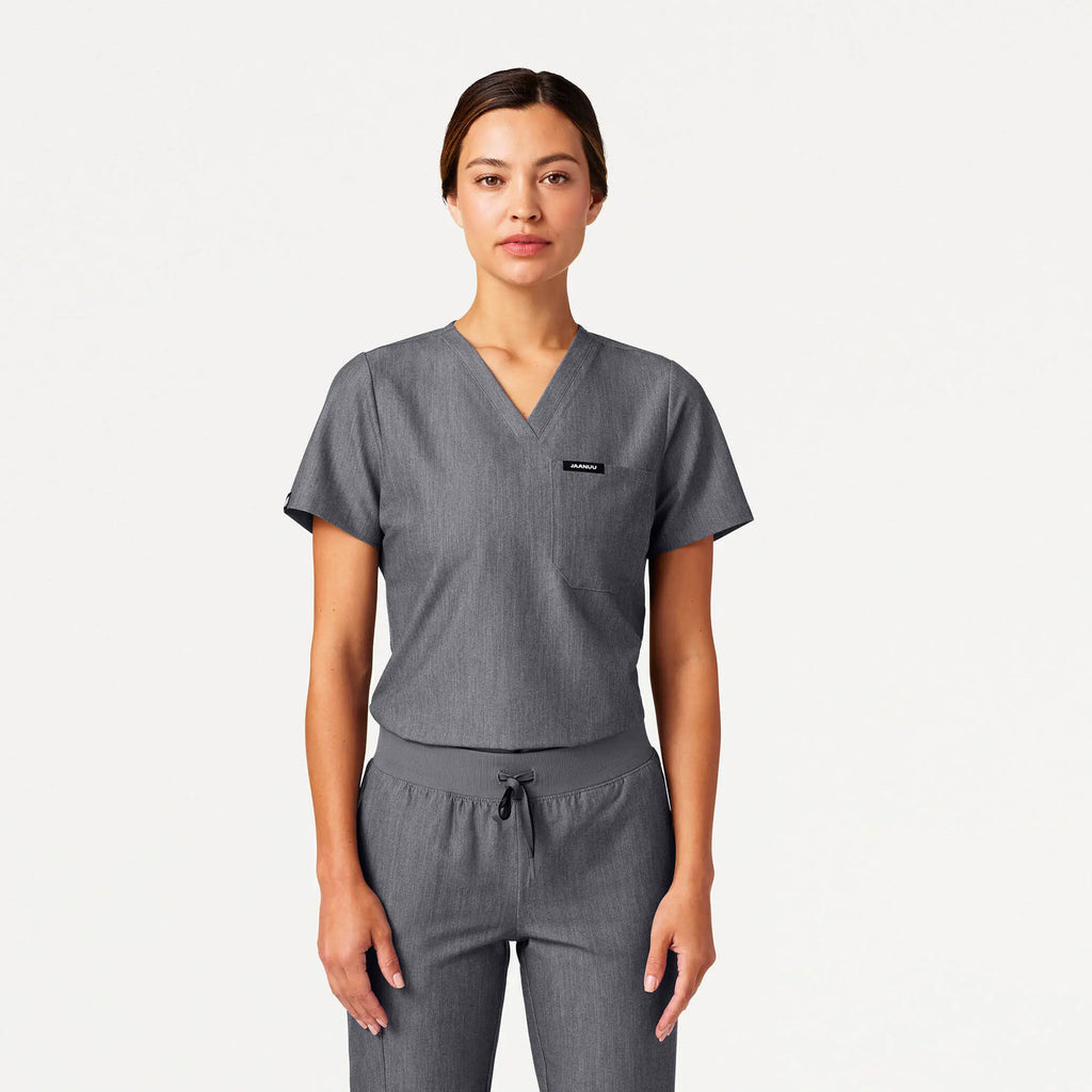 Jaanuu Scrubs Women's Rhena Slim Essential 1-Pocket Scrub Top Heather Gray | scrub-supply.com