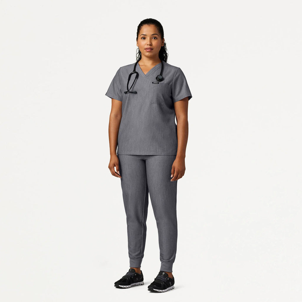 Jaanuu Scrubs Women's Rhena Slim Essential 1-Pocket Scrub Top Heather Gray | scrub-supply.com