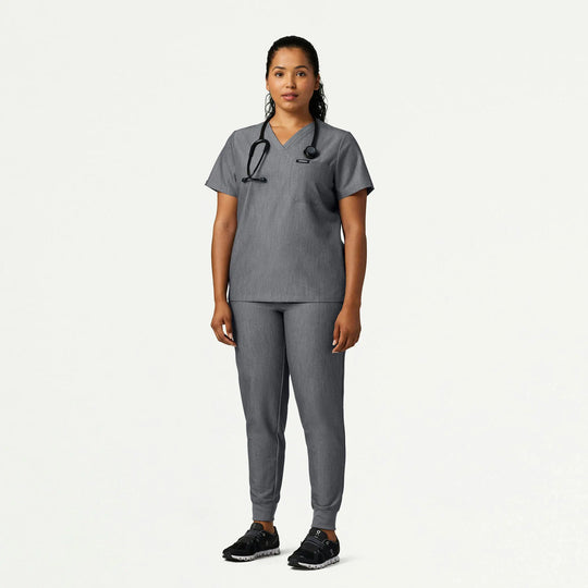 Jaanuu Scrubs Women's Rhena Slim 1-Pocket Scrub Top Heather Gray | scrub-supply.com